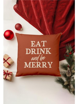 Yılbaşı Temalı Çift Taraflı Kırlent Kılıfı, Bej, Gizli Fermuar, Şık ve Renkli Dekorasyon