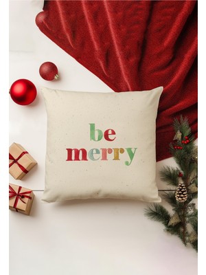 Yılbaşı Temalı Kırlent Kılıfı, Çift Taraflı Baskı, Gizli Fermuar, Bej Renk