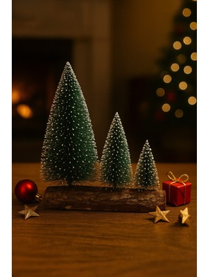 Mini Kar Efektli 3’lü Noel Ağaç Seti, Ahşap Kütük Üzeri Dekoratif Çamlar