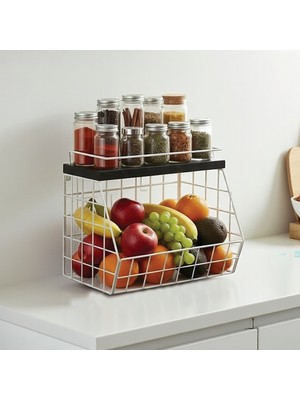 Decorelax Ahşap Mermer Raflı Meyve Sepeti - Duvara Monte Edilebilir ve Tezgah Üstünde Kullanılabilir, Beyaz, 31X23 cm