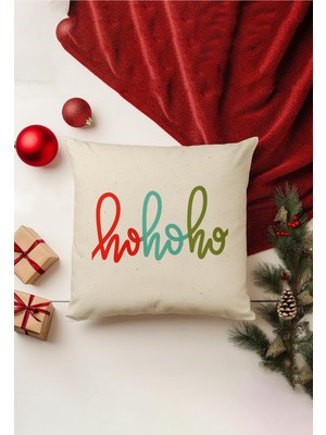 Yılbaşı Temalı Kırlent Kılıfı, Çift Taraflı Baskı, Gizli Fermuar, Bej Renk