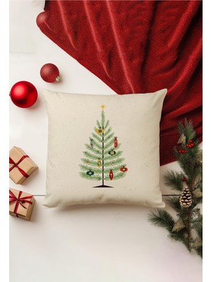 Yılbaşı Temalı Kırlent Kılıfı, Çift Taraflı Baskı, Gizli Fermuar, Bej Renk