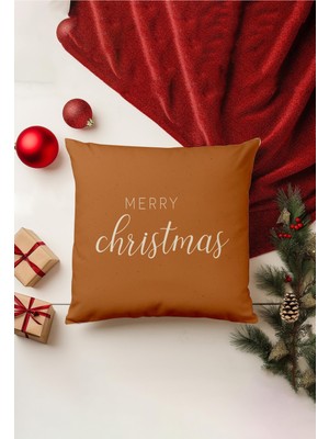 Yılbaşı Temalı Kırlent Kılıfı, Çift Taraflı Baskı, Gizli Fermuar, Bej Renk