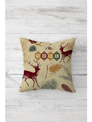 Noel Temalı Geyikli Çift Taraflı Fermuarlı Yastık Kılıfı Bej