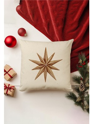 Yılbaşı Temalı Çift Taraflı Kırlent Kılıfı, Gizli Fermuar, Bej Renk