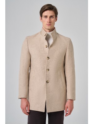 Morven  Erkek Bej Yünlü Dynamic Fit Hakim Yaka Kaban