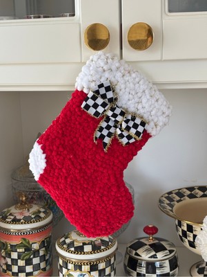El Yapımı Peluş Örgü Yılbaşı Çorabı, Kırmızı-Beyaz, Dekoratif Kapı ve Şömine Süsü