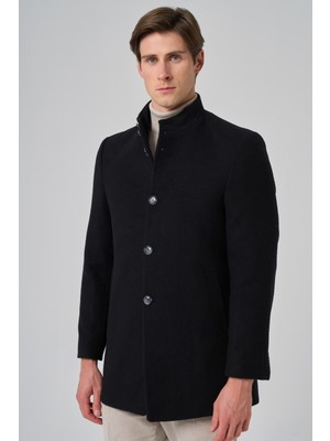 Morven  Erkek Siyah Yünlü Düz Dynamic Fit Hakim Yaka Kaban