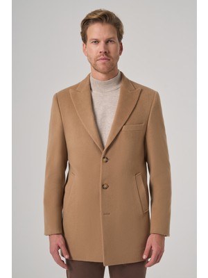 Morven  Erkek Bej Yünlü Düz Dynamic Fit Sivri Yaka Kaban
