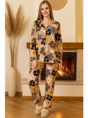 Remsa Kadın Çiçek Desen Saphire Önü Düğmeli Pijama Takımı 0507 Vizon