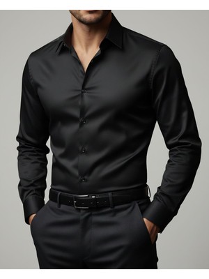 Torivalli Collection Dar Kesim Slimfit Saten Kolay Ütülenebilen Mevsimlik Cepsiz Uzun Kollu Kol Düğmesi Takılabilen Erkek Gömlek