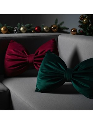 Bordo Kadife Fiyonk Dekoratif Yastık Seti, Noel ve Yılbaşı Temalı, Şık ve Yumuşak Dokulu