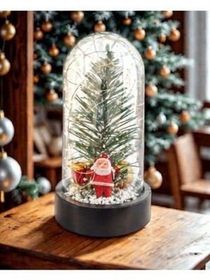 Yılbaşı Temalı Ledli Fanus, Noel Baba ve Çam Ağacı Süsleri, Şık Sofra Dekoru