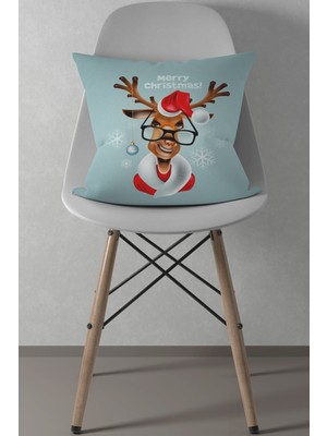 Mavi Geyik Desenli Yılbaşı Kırlent Kılıfı 43X43, Sıcak ve Şık Dekorasyon Parçası