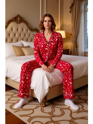 Ersefa Kadin Kirmizi Yılbaşı Desenli Gömlek Yaka Pijama Seti Fonksiyonel Dayanıklı Kaliteli Rahat
