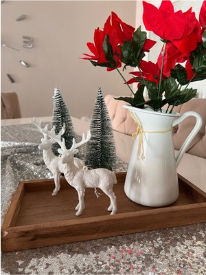 Iki Parçalı Beyaz Geyik Simli 13 cm Noel Yılbaşı Dekorasyonu
