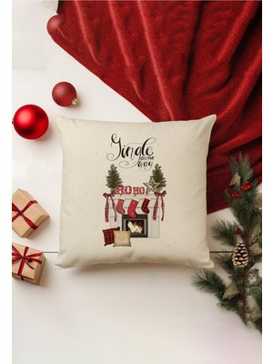 Yılbaşı Temalı Kırlent Kılıfı, Çift Taraflı Baskı, Gizli Fermuar, Bej