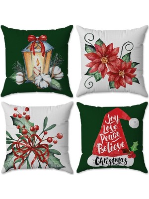 Yılbaşı ve Noel Temalı, Kadife Doku, 4'lü Renkli Kırlent Seti