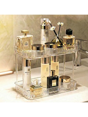 Unique Me 2 Katlı Makyaj Organizeri Kozmetik Aksesuar Düzenleyici Banyo Rafı Diamond Şeffaf Poli̇karbonat