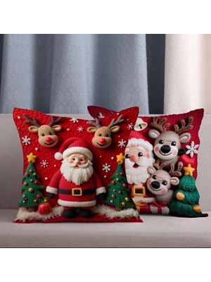 Punch Desenli Noel Baba ve Geyik Temalı Dijital Baskılı Kırlent Kılıfı, Şık ve Canlı Renkler.