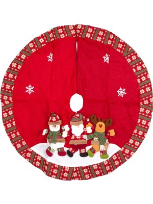 Yılbaşı Süsü Çam Örtüsü Kırmızı 120 cm Noel Baba, Kardan Adam ve Geyik Figürlü