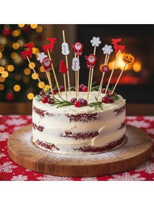 Renkli 12'li Yılbaşı Partisi Kürdan Seti, Noel Baba, Kardan Adam, Geyik Figürleri