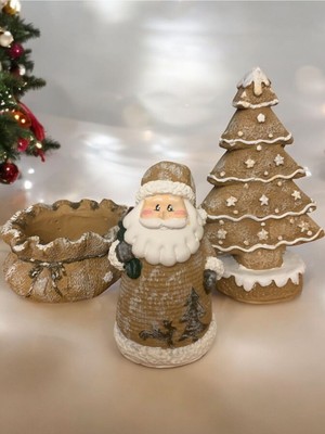 El Boyaması Rustik Noel Baba, Çam Ağacı ve Şekerlik Dekoratif Set