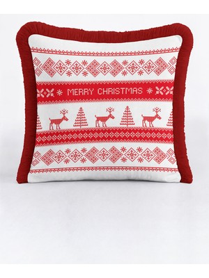 Kırmızı Beyaz Püsküllü Noel Temalı Saçaklı Yastık Kılıfı, Kış Rustik Dekorasyon