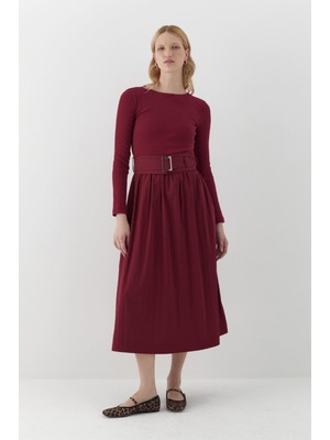 MARKALİSTE Uzun Kollu Kaşkorse Elbise Bordo