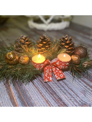 Kozalaklı Mumlu Kütük Sunum Tepsisi, Kırmızı, Dekoratif, Yılbaşı, Noel, Yeniyıl