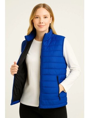 Alfanora Kadın Şişme Fermuarlı Yelek Su Itici Kapitone Astarlı Kumaş Cepli Hafif Kışlık Spor Rahat Kalıp - Saks Mavisi