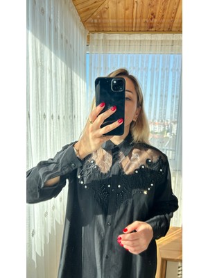 Elif Tarakçı Butik Yaka Tül Detaylı Pamuklu Siyah Gömlek