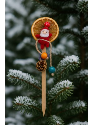 Kırmızı Mini Noel Baba Figürlü Yılbaşı Dekor Çubuğu, Portakal ve Kozalaklı Ağacı Süsü