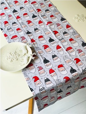 Yılbaşı Desenli Gri Runner, Noel Baba, 50X150CM, Dekorasyon, Süs