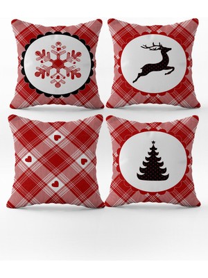 Yılbaşı Desenli Renkli 4'lü Kırlent Kılıfı Seti, Noel ve Christmas Temalı Dekorasyon