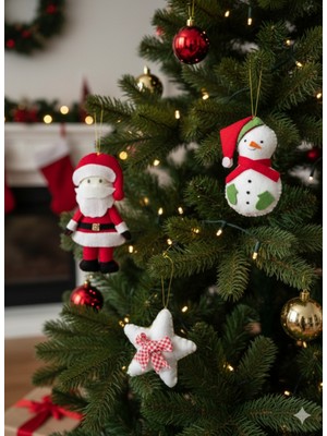 El Yapımı 3'lü Keçe Süs Seti, Noel, Kardan Adam, Yıldız Detayları, Kırmızı Renk
