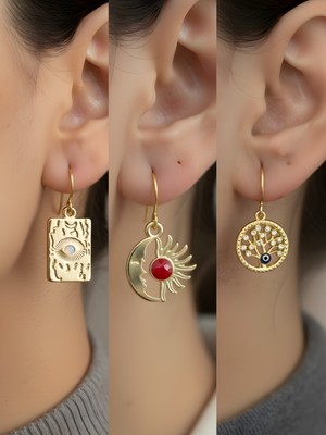 NKT Collection Göz Ay Güneş Ağaç 3’lü Sembol Kadın Küpe Set