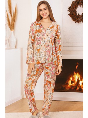 Remsa Kadın Çiçek Desen Yumuşak Doku Marla Pijama Takımı 0485 Pudra