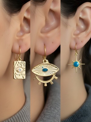 NKT Collection Göz Turkuaz Göz Mavi Güneş 3’lü Sembol Kadın Küpe Set