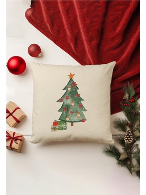 Yılbaşı Temalı Kırlent Kılıfı, Çift Taraflı Baskı, Gizli Fermuar, Bej Renk