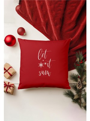 Yılbaşı Temalı Kırlent Kılıfı, Çift Taraflı Baskı, Gizli Fermuar, Kırmızı Renk