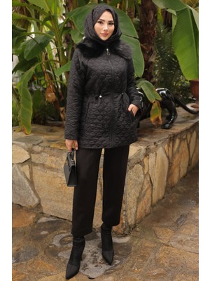 İmaj Butik Siyah Yaka Kürklü Kapitone Mont