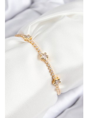 Dktt Pirinç Zirkon Taşlı Yıldız Model Gold Renk Asansörlü Kadın Bileklik - TJ-BB7737