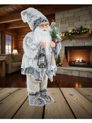 Yılbaşı Noel Baba Oyuncak 24X18X45CM Gri El Fenerli Çiçekli Dekorasyon