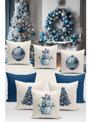 Yılbaşı Temalı Çift Taraflı Dijital Baskılı Kırlent Kılıfı Seti, 8'li, Mavi