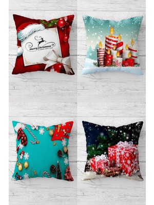 Çok Renkli Noel Baba Yılbaşı Fermuarlı Kırlent Takımı (4 Adet)