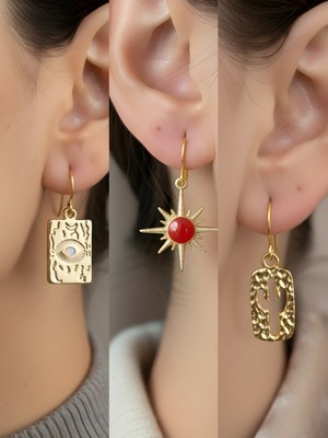 NKT Collection Göz Kırmızı Güneş Kaktüs 3’lü Sembol Kadın Küpe Set