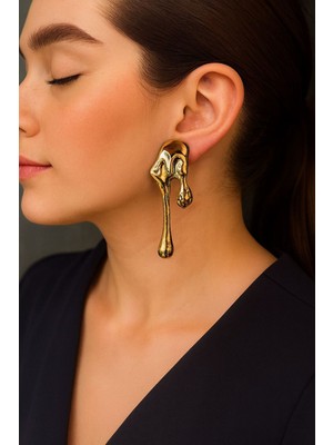 NKT Collection Lüks Gold Rengi Akan Damla Sallantılı Küpe Asimetrik Parlak Kadın Abiye