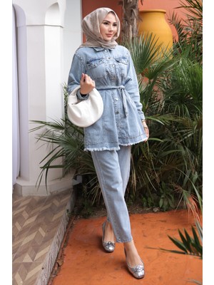 İmaj Butik Mavi Taş İşlemeli Ceket Pantolonlu Kot Takım