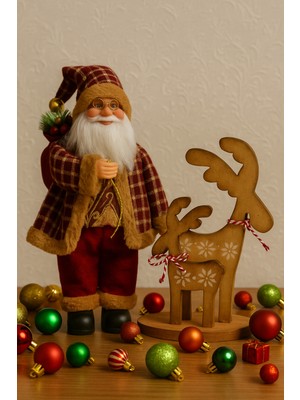 El Yapımı Noel Baba ve Geyikli Dekoratif Set, Renkli 2'li